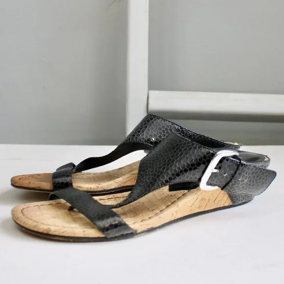 Donald J. Pliner Black Doli 2 Patent Leather Thong Cork Wedge Sandals Size 8.5 - Picture 2 of 6